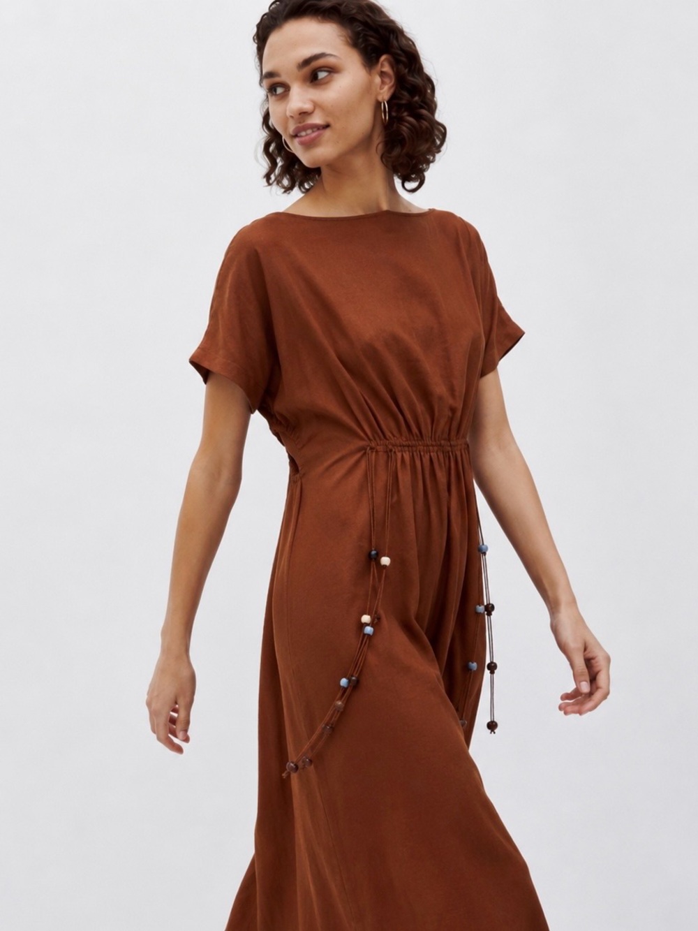 NWOT ZARA Brown Linen Viscose Beaded Midi Dress XS Chocolate Teacher